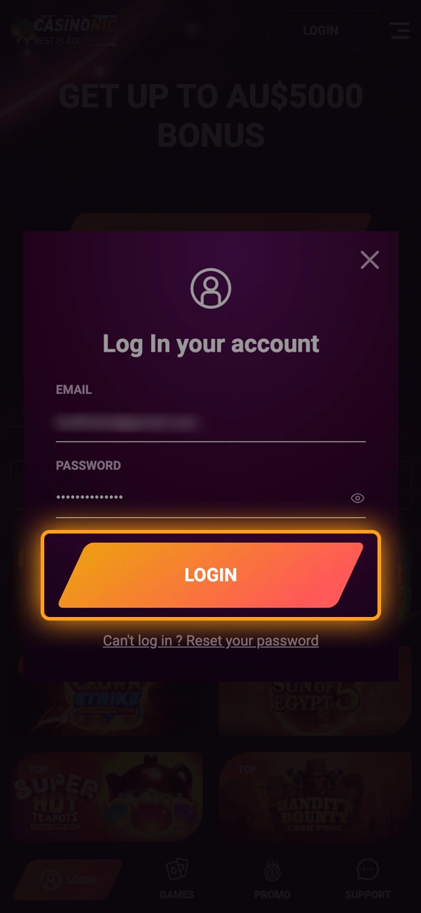 Log in to your account and enjoy Casinonic gaming features.