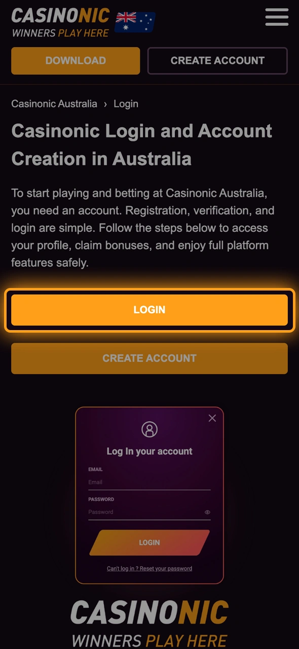 Open the login form to start the Casinonic login process.