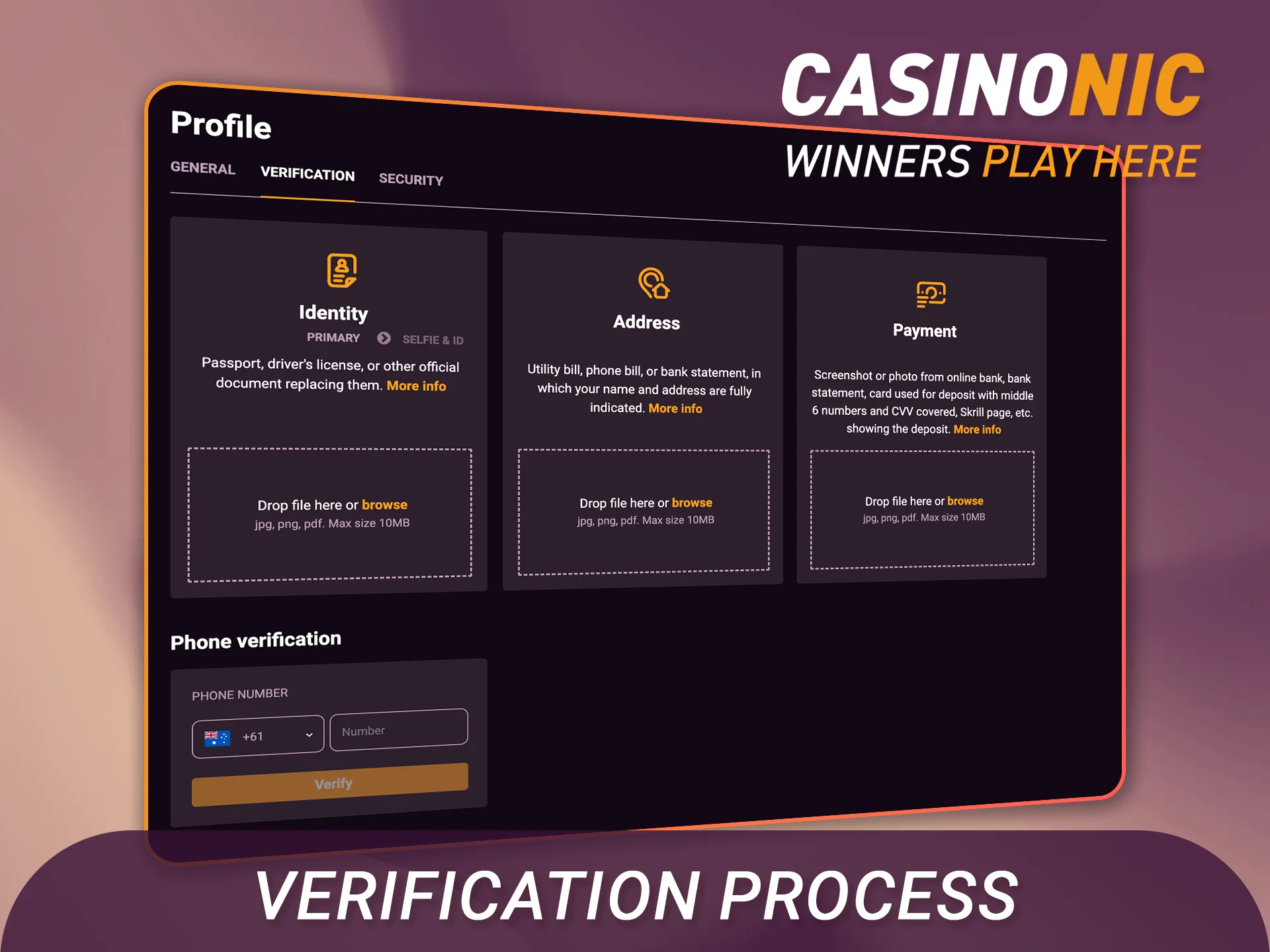 Learn how the verification process works for your Casinonic account.