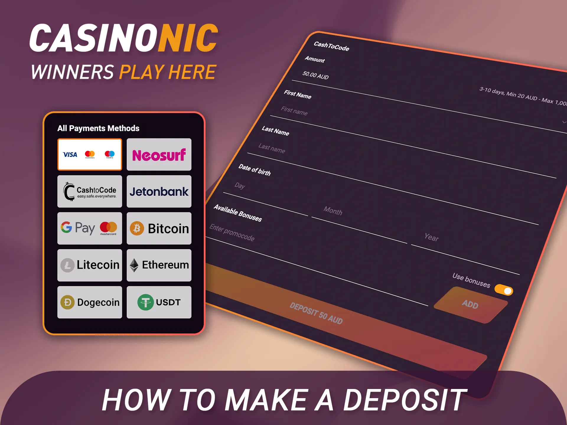 Follow the official guide on how to make a deposit at Casinonic.