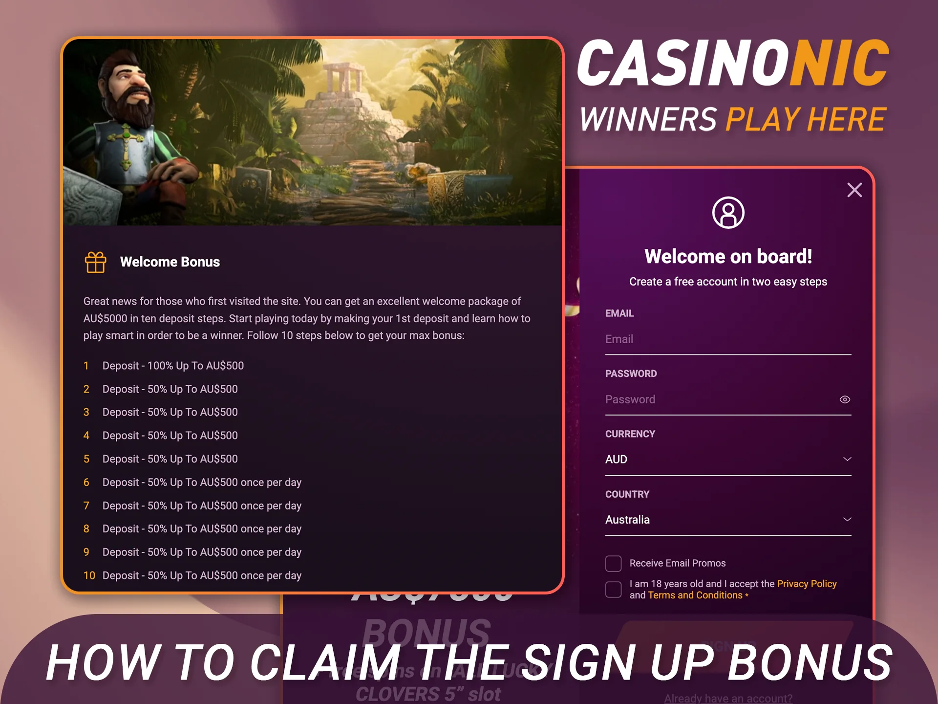Follow the guide to claim the Casinonic sign up bonus today.